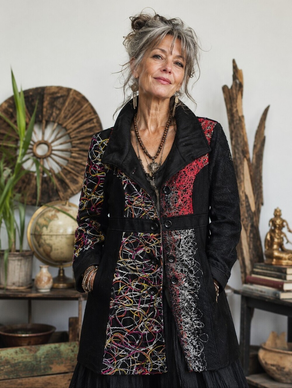 Papillon Textured Embroidered Coat Size S Patchwork Artsy Boho